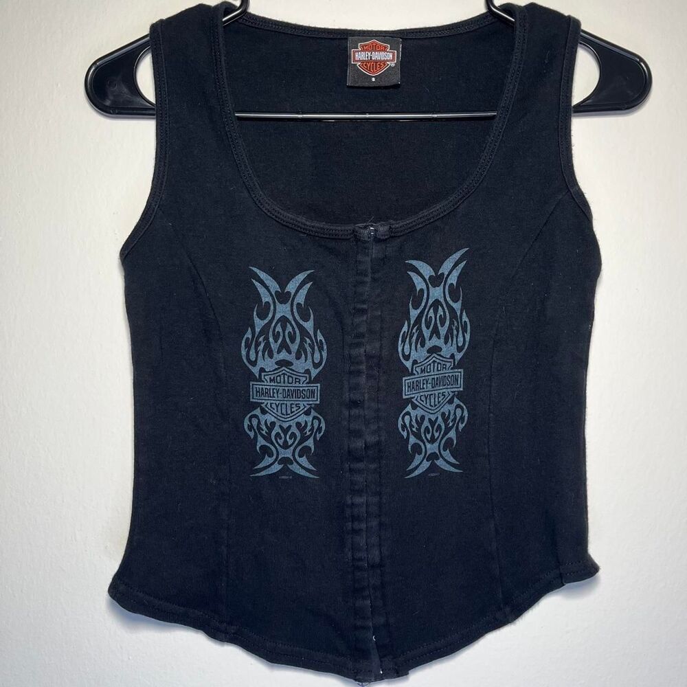 Harley Davidson Corset Style Grunge Tank Top Hook Front Black Biker Women Small